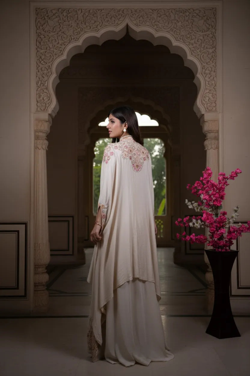 Woman in a white traditional outfit standing in an ornate archway with pink flowers.
