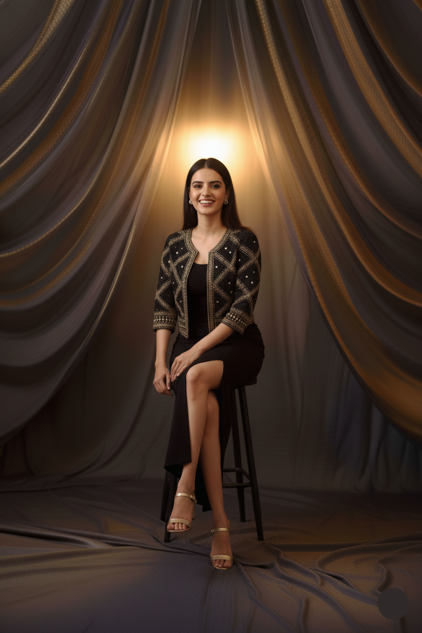 Woman sitting on a stool in front of draped curtains with warm lighting