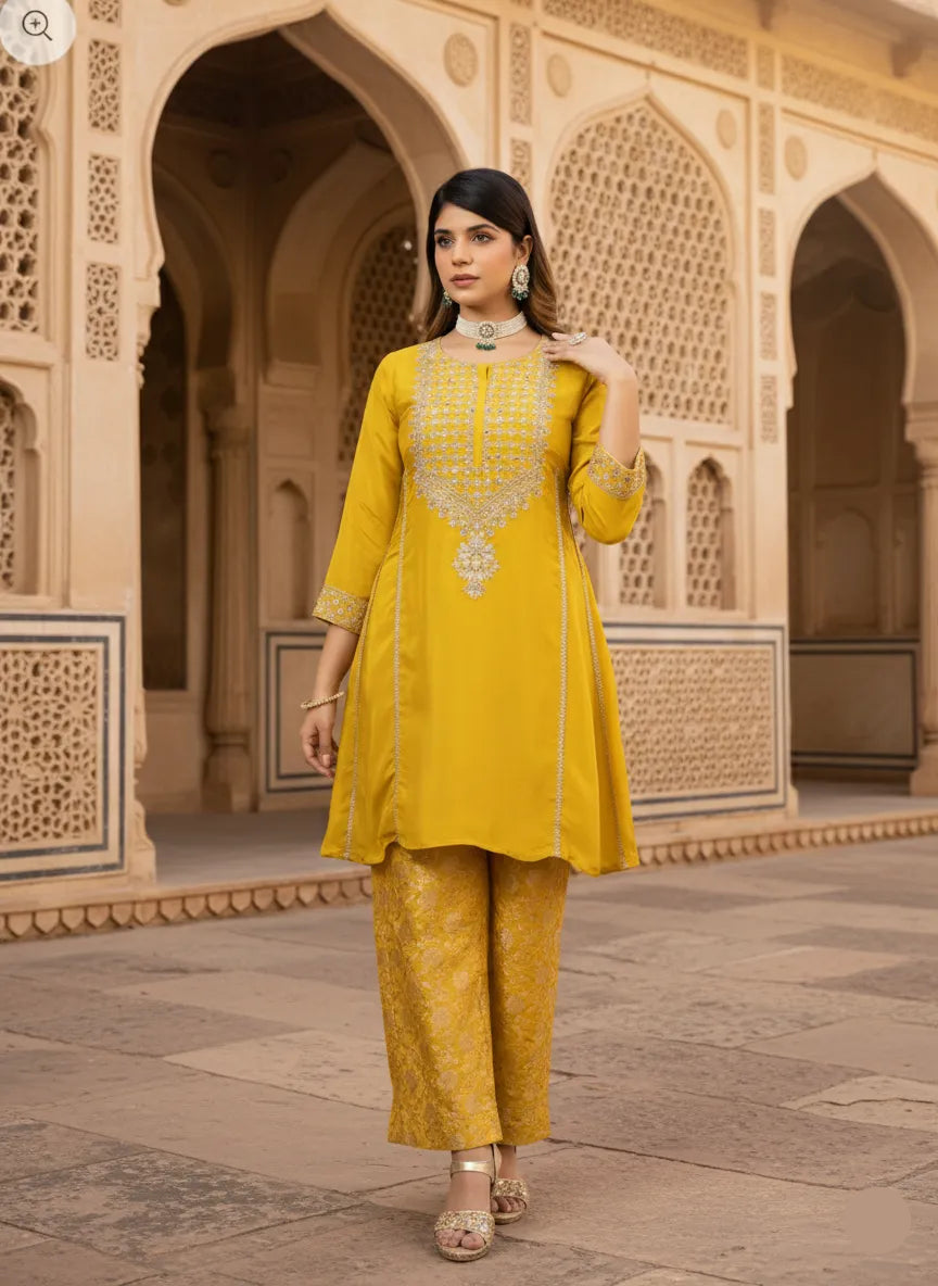 Woman in a yellow traditional outfit standing in an architectural setting