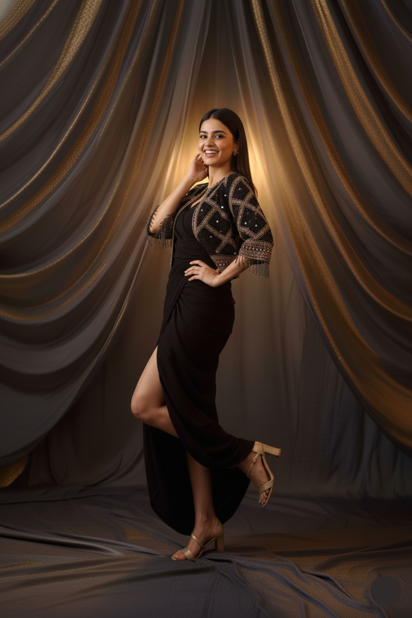 Woman in a black dress with gold patterns standing against a draped curtain backdrop