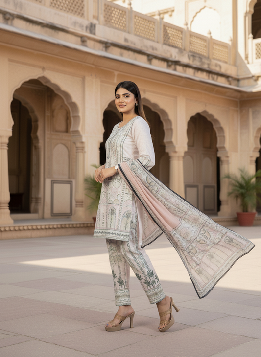 Woman in traditional outfit standing in a courtyard with architectural background