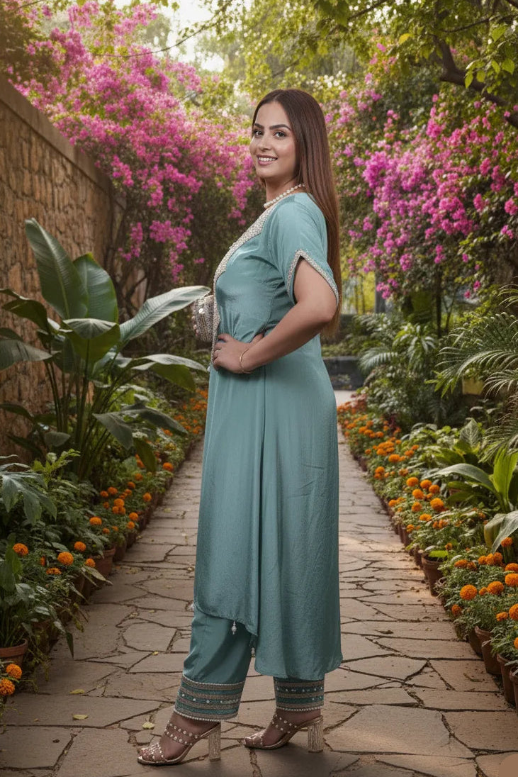 Woman in a teal outfit standing on a stone path with flowers and greenery around.