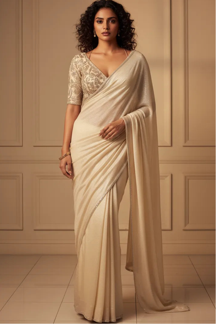 Woman wearing a beige saree with a matching blouse against a beige wall.