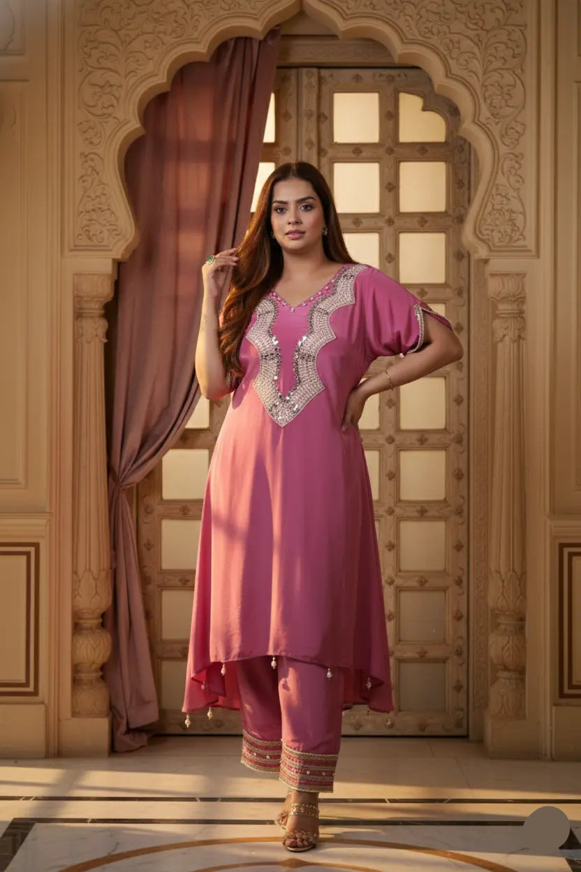 Woman in a pink traditional outfit standing in an ornate room.
