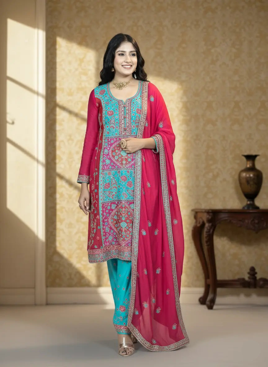 Woman wearing a pink and blue traditional outfit in a well-lit room.