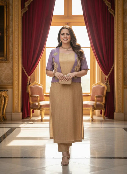 Purple & Golden Long Kurta Set with Jacket | Shimmer Crush Fabric | Cut Dana & Beads Work | Festive & Wedding Wear