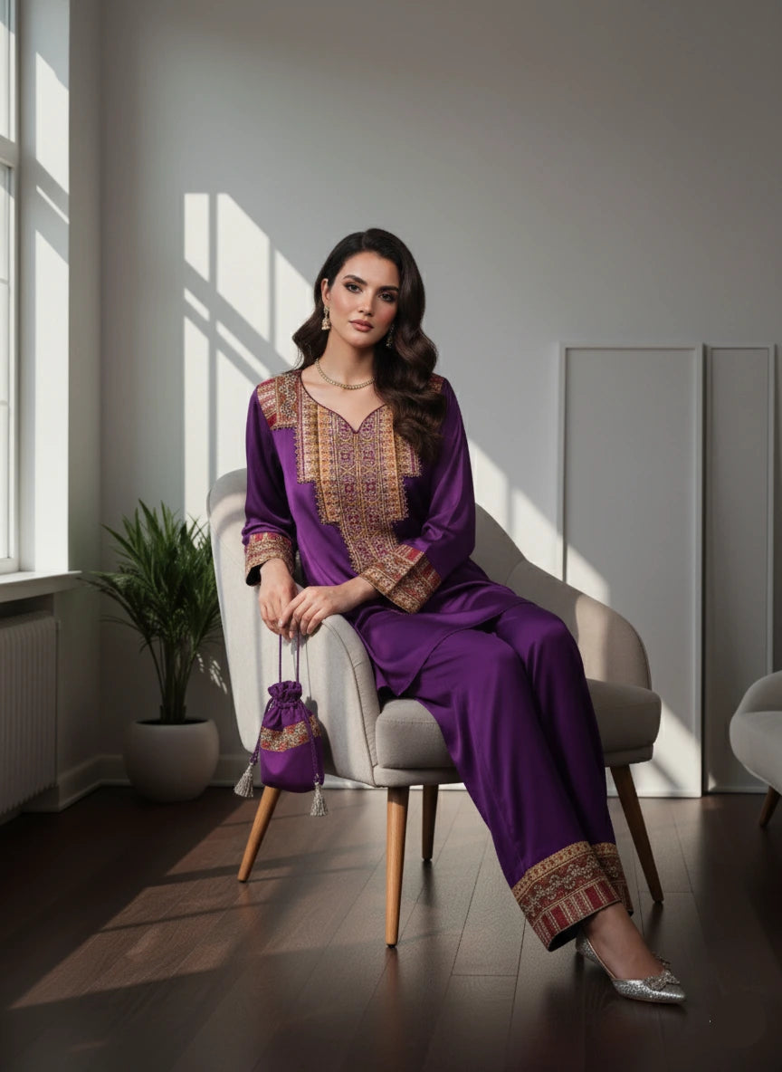 Woman in a purple traditional outfit sitting on a chair in a well-lit room.