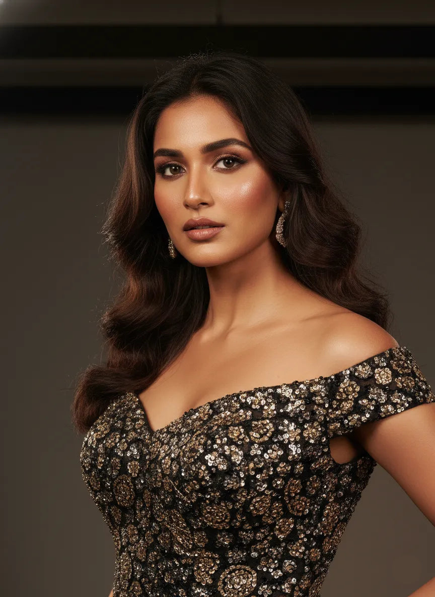 Woman wearing a black floral off-shoulder dress against a neutral background