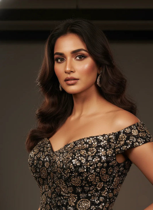 Woman wearing a black floral off-shoulder dress against a neutral background