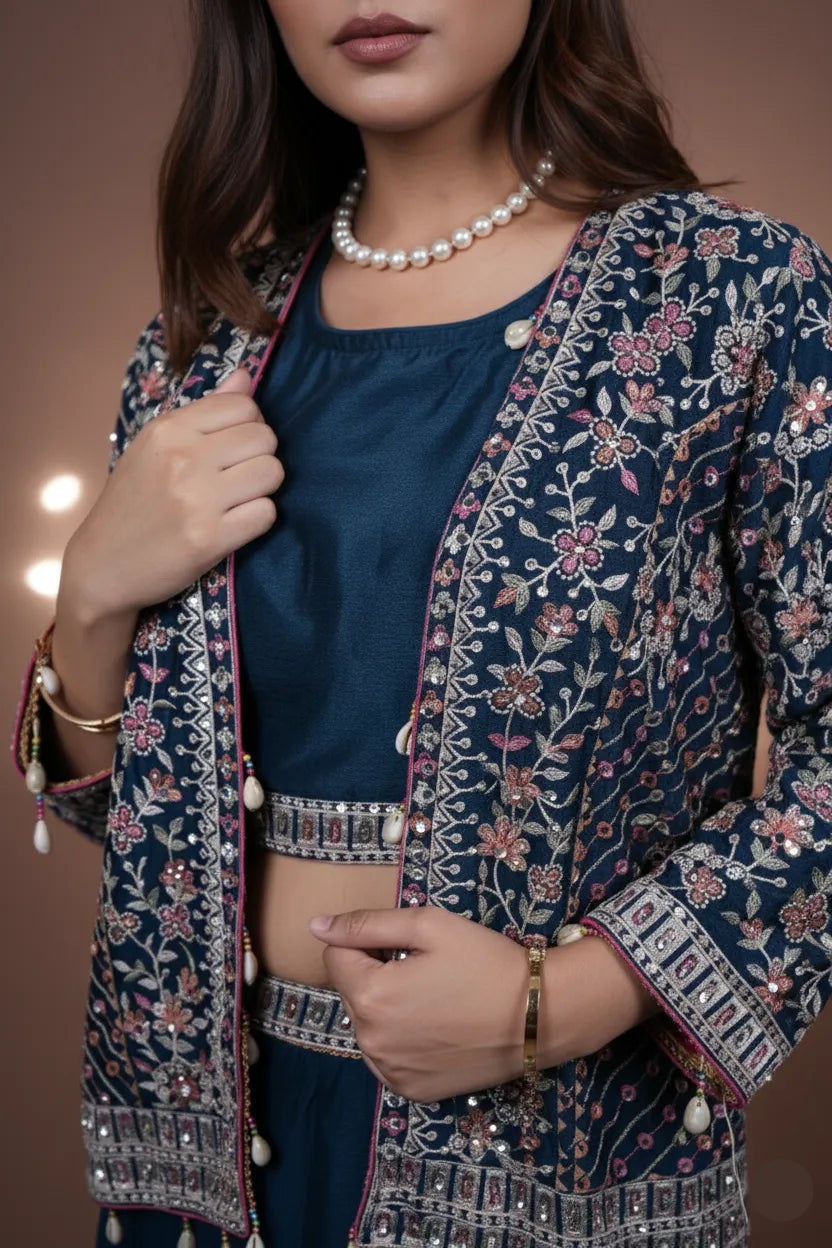 Woman wearing a traditional embroidered outfit with a blue top and dark blue skirt.