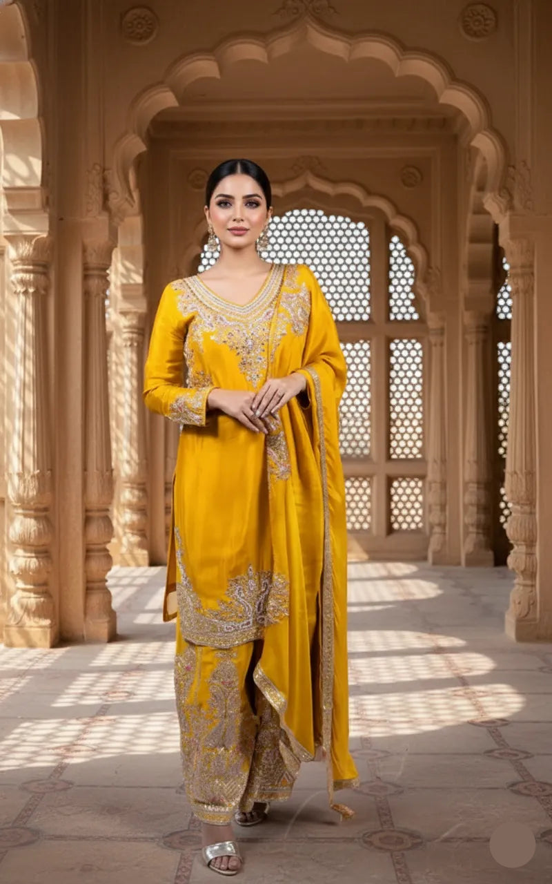 Woman in a yellow traditional outfit standing in an architectural setting