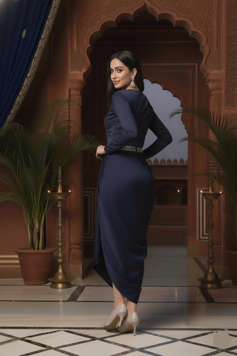Woman in a dark blue traditional outfit standing in a decorative interior setting.