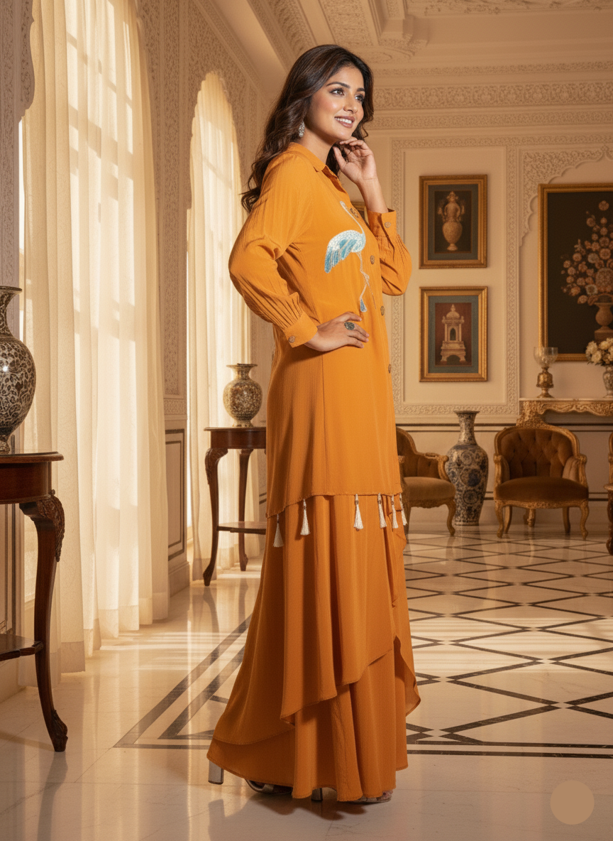 Woman in an orange dress standing in a luxurious room with decor elements.
