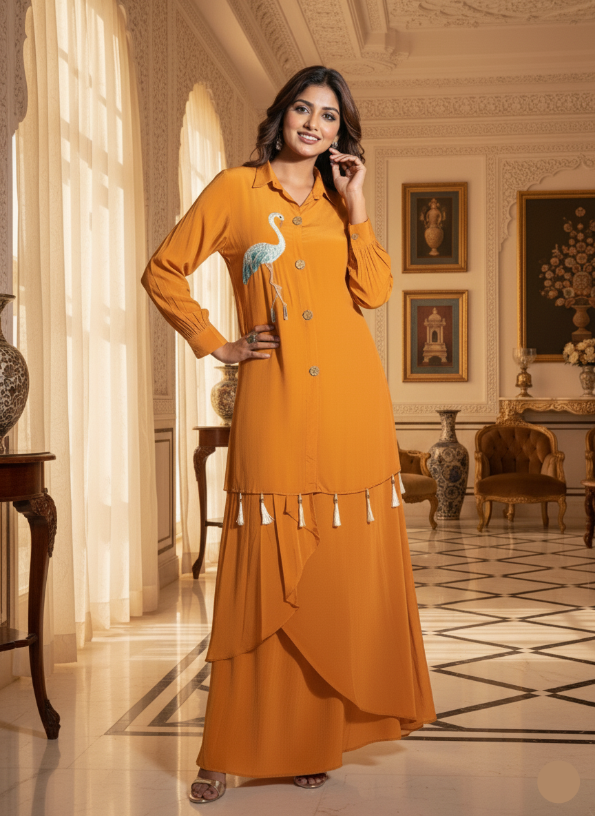 Woman in an orange traditional outfit standing in a decorated room.