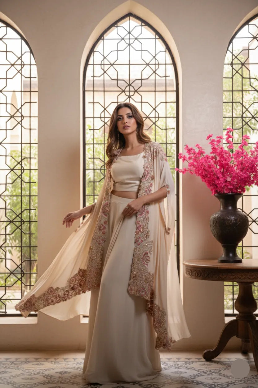 Woman in a white dress with a floral shawl standing in a room with stained glass windows and a vase of pink flowers.