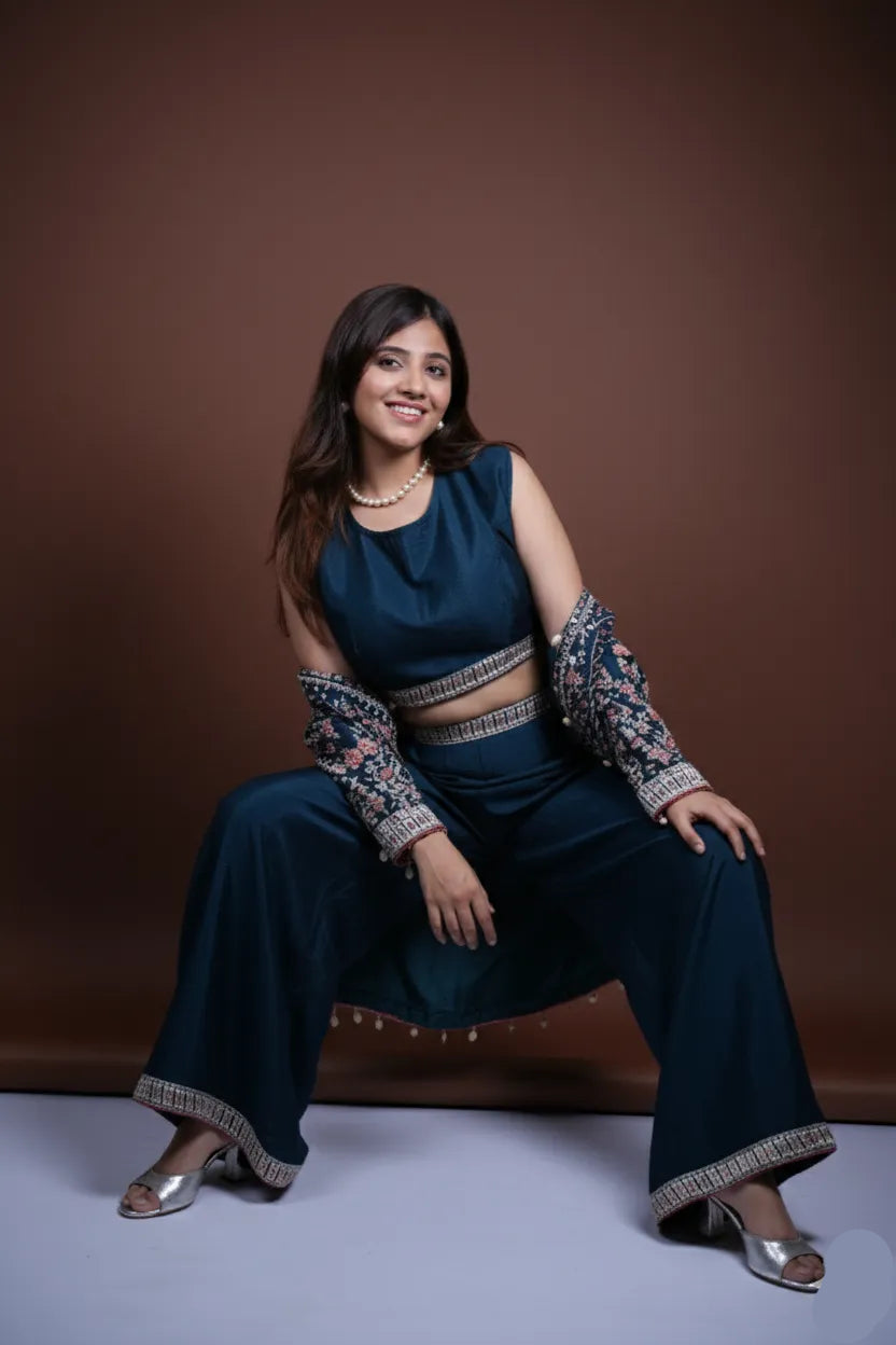 Peacock Blue 3-Piece Co-ord Set | Thread & Mirror Work Jacket with Chinon Top & Wide Pants