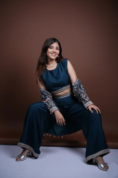 Peacock Blue 3-Piece Co-ord Set | Thread & Mirror Work Jacket with Chinon Top & Wide Pants