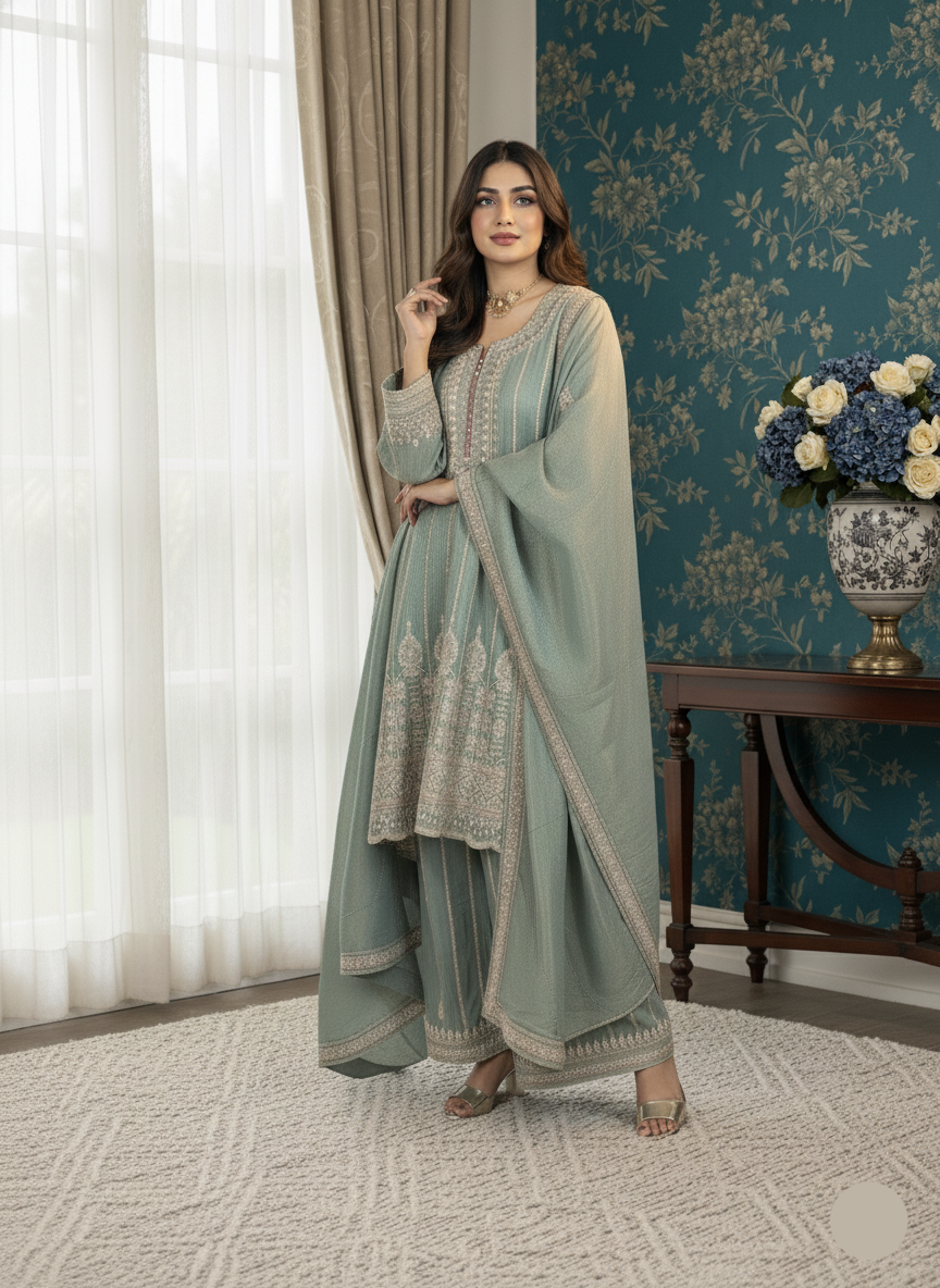 Woman in a light green traditional outfit standing in a room with floral wallpaper and a vase of flowers.