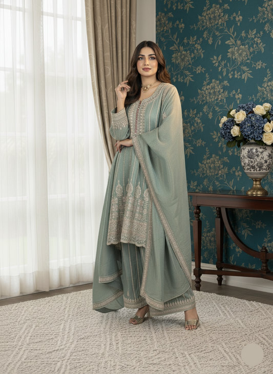 Woman in a light green traditional outfit standing in a room with floral wallpaper and a vase of flowers.