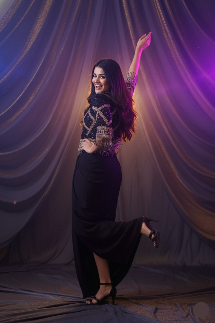 Woman in a black dress posing against a purple curtain