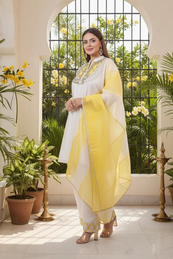 Woman in a white and yellow traditional outfit standing in a decorated indoor setting with plants and decorative elements.