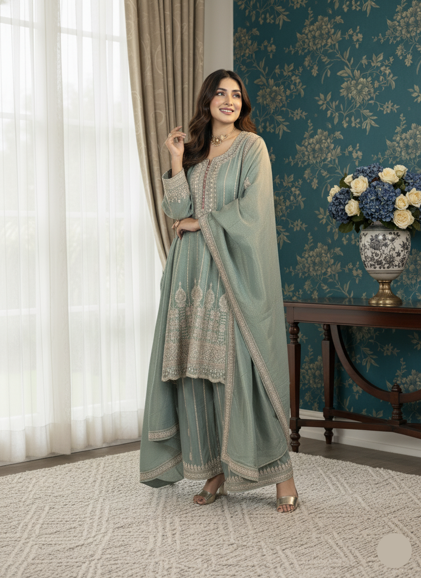 Woman in a light green traditional outfit standing in a room with floral wallpaper and a vase of flowers on a table.