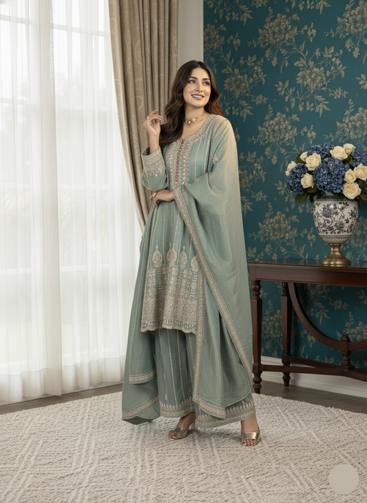 Woman in a light green traditional outfit standing in a room with floral wallpaper and a vase of flowers on a table.