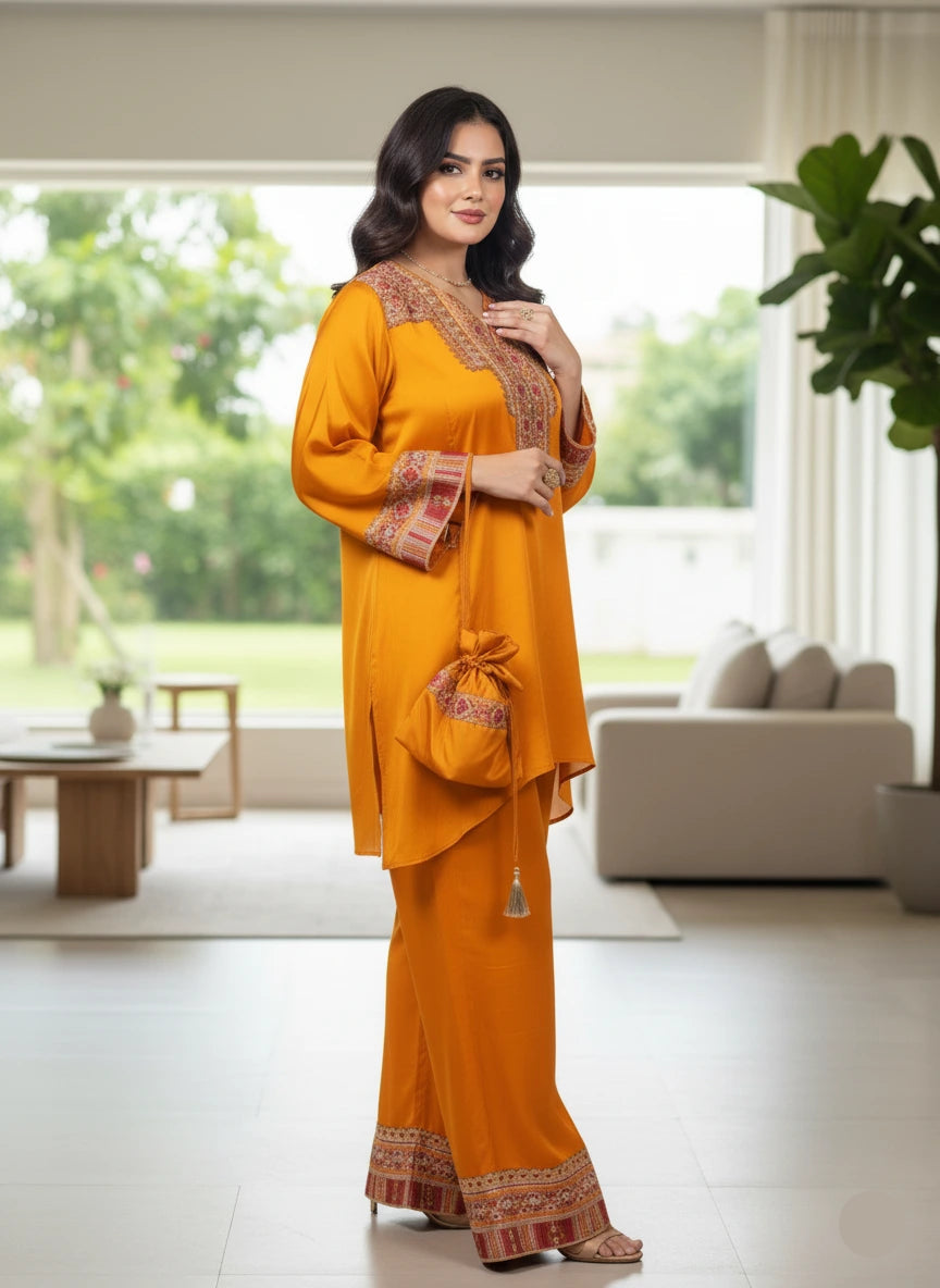 Woman in a mustard yellow traditional outfit with intricate patterns in a modern living room.