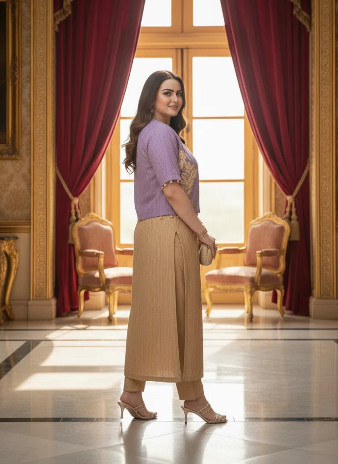Woman in a purple top and beige pants standing in a grand room with red curtains and marble floor.
