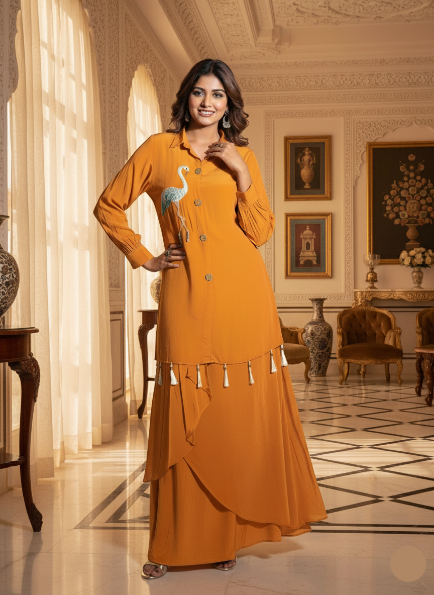 Woman in a mustard yellow outfit standing in an elegant room with decor.