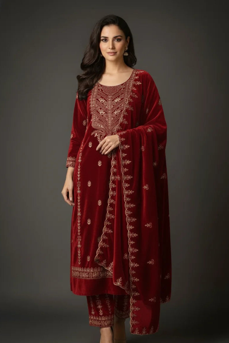 Woman wearing a red embroidered traditional outfit against a gray background