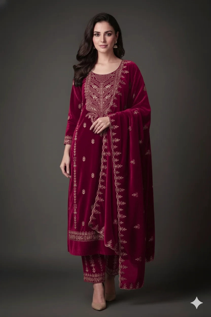 Woman wearing a maroon embroidered traditional outfit against a gray background