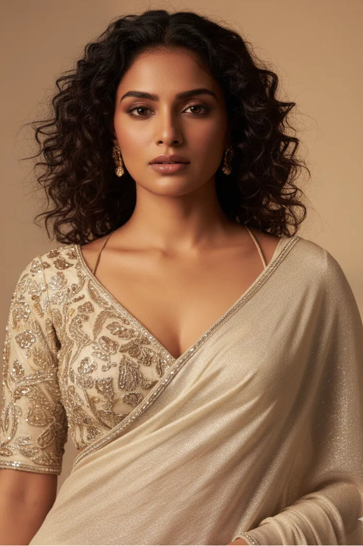 Woman wearing a beige saree with intricate patterns on a plain background