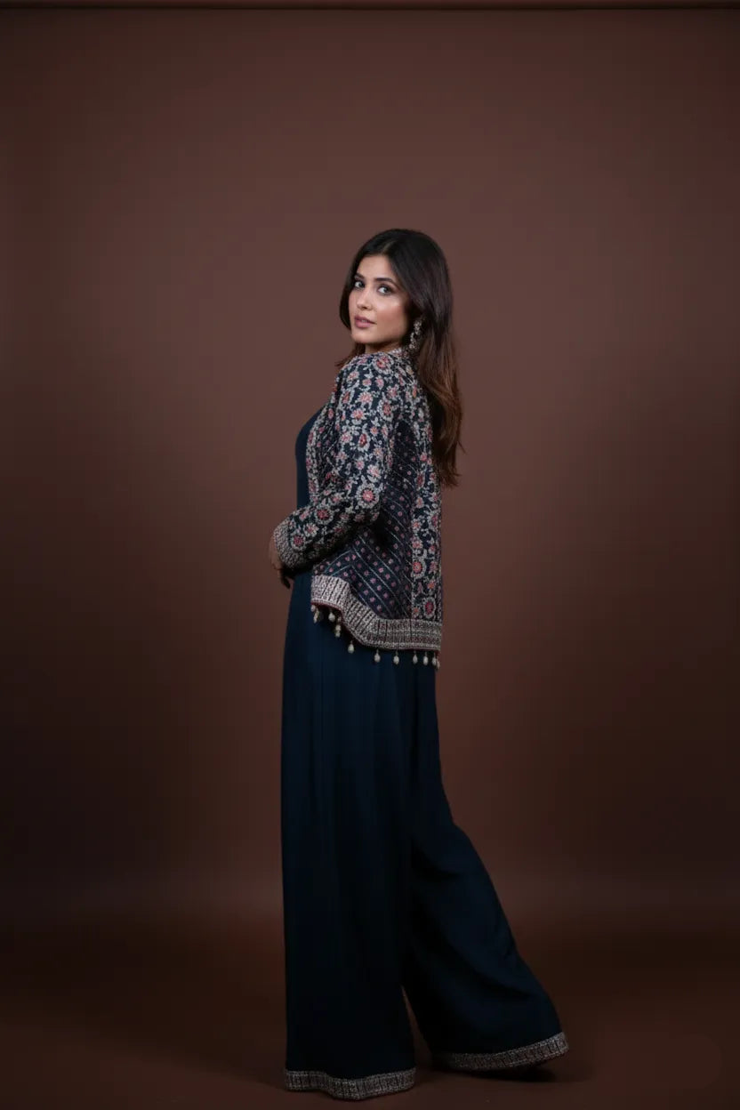 Woman wearing a dark blue traditional outfit with a patterned blouse against a brown background