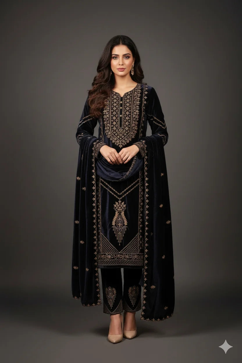 Woman wearing a black embroidered traditional outfit on a gray background