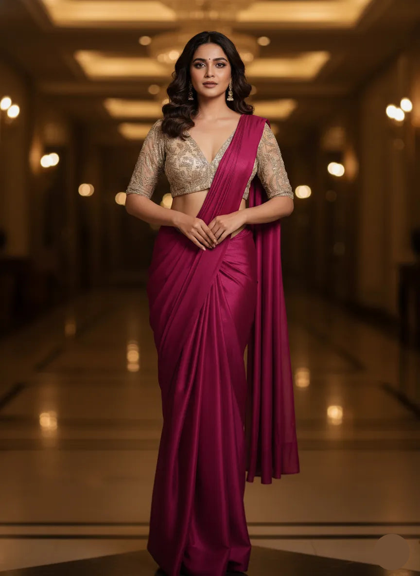 Woman in a pink saree with a blurred indoor background