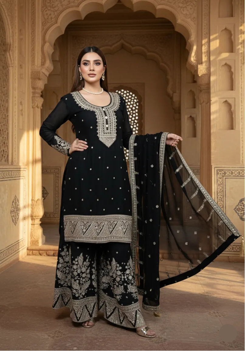 Woman in a black and white embroidered traditional outfit standing in an ornate architectural setting.