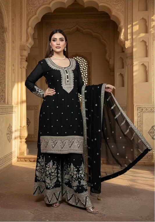 Woman in a black and white embroidered traditional outfit standing in an ornate architectural setting.