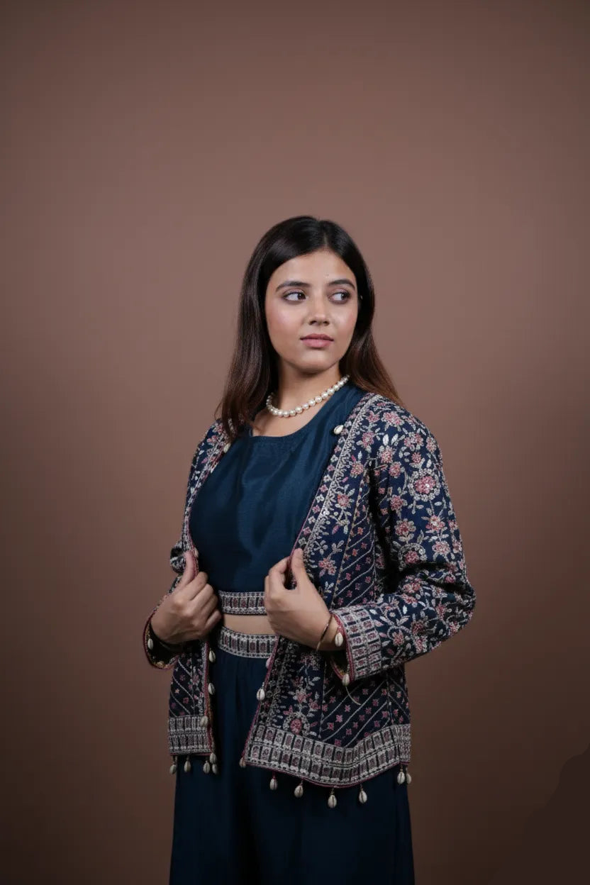 Woman wearing a patterned jacket over a dark top on a brown background