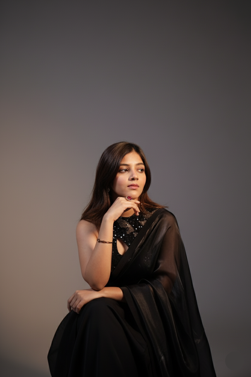 Woman in a black saree sitting against a gray background