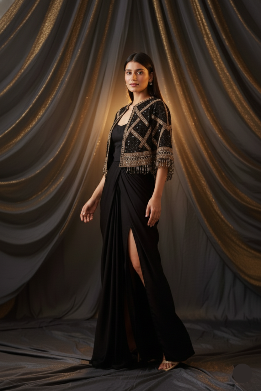 Woman in a black evening gown with intricate detailing against a draped curtain background