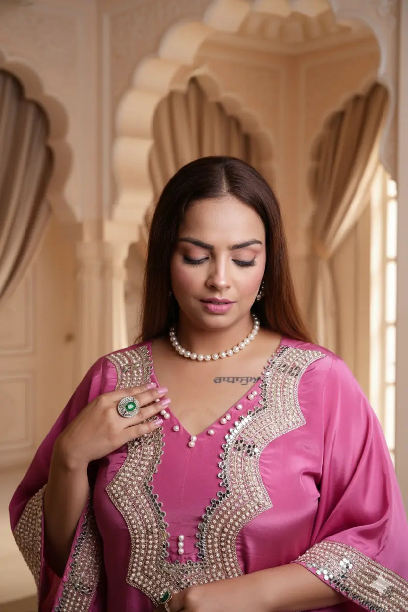 Woman in a pink traditional outfit with intricate designs and jewelry, standing in an ornate interior setting.