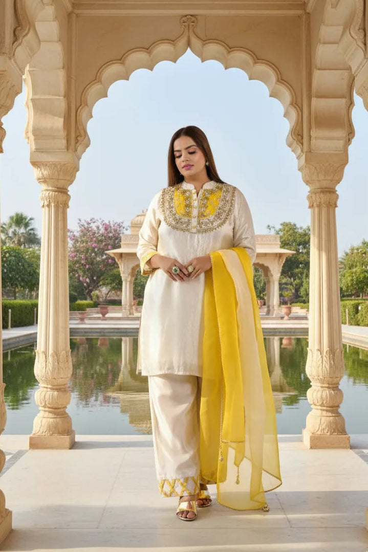 Woman in traditional white and yellow outfit standing in an ornate architectural setting with a pool and garden.