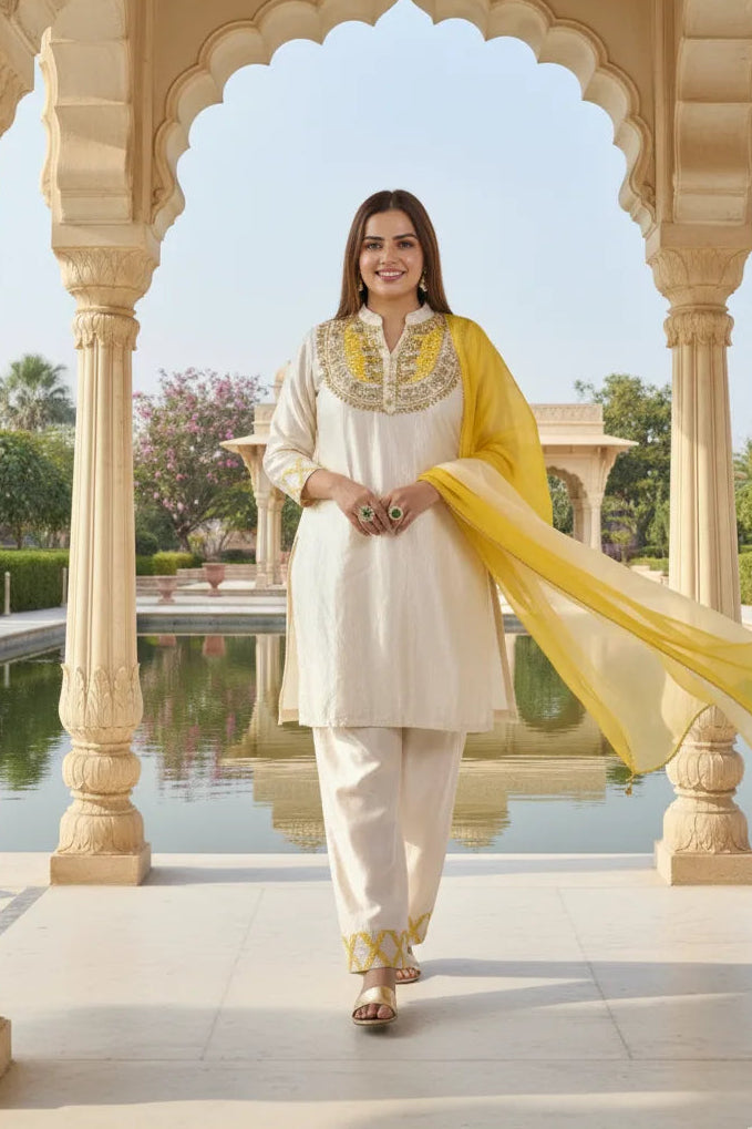 Woman in traditional white and yellow outfit standing in a decorative archway with a pool and garden in the background.