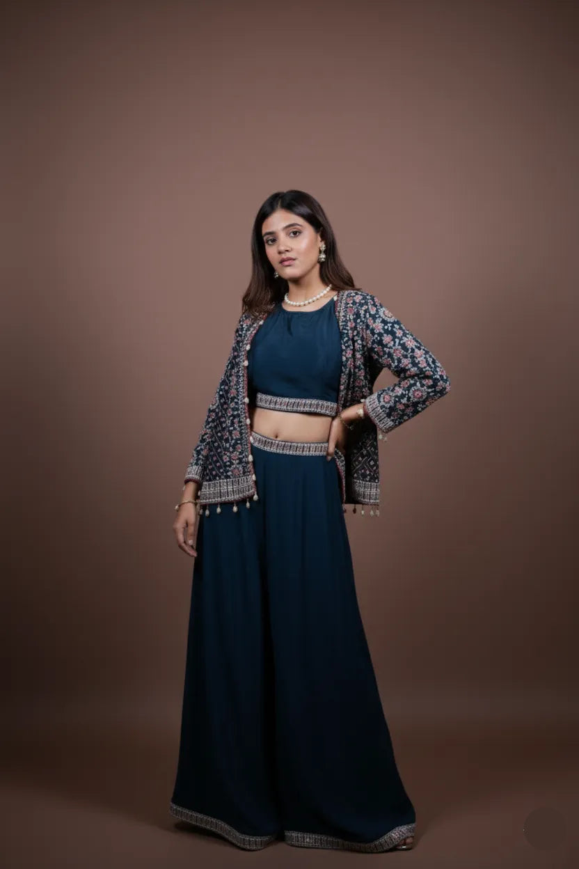 Woman wearing a dark blue traditional outfit with a patterned jacket against a brown background