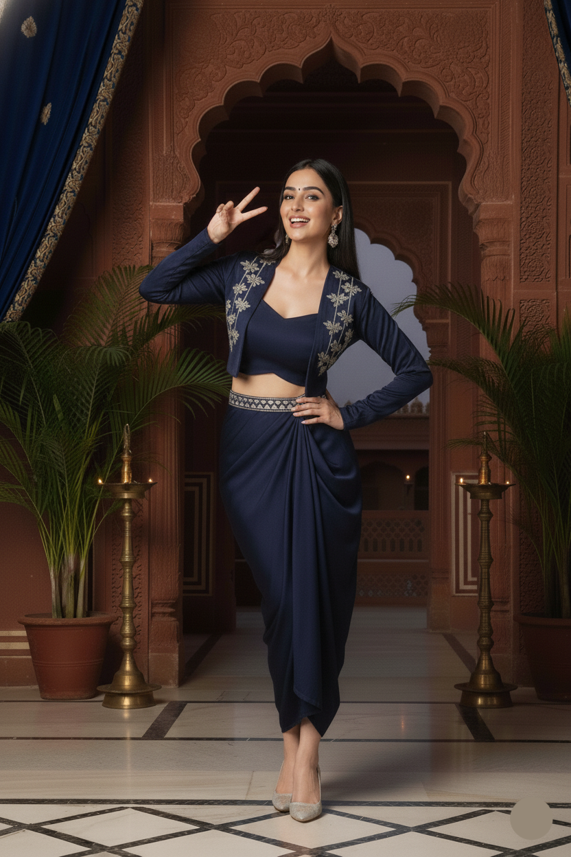 Woman in a navy blue traditional outfit posing in front of an ornate architectural background