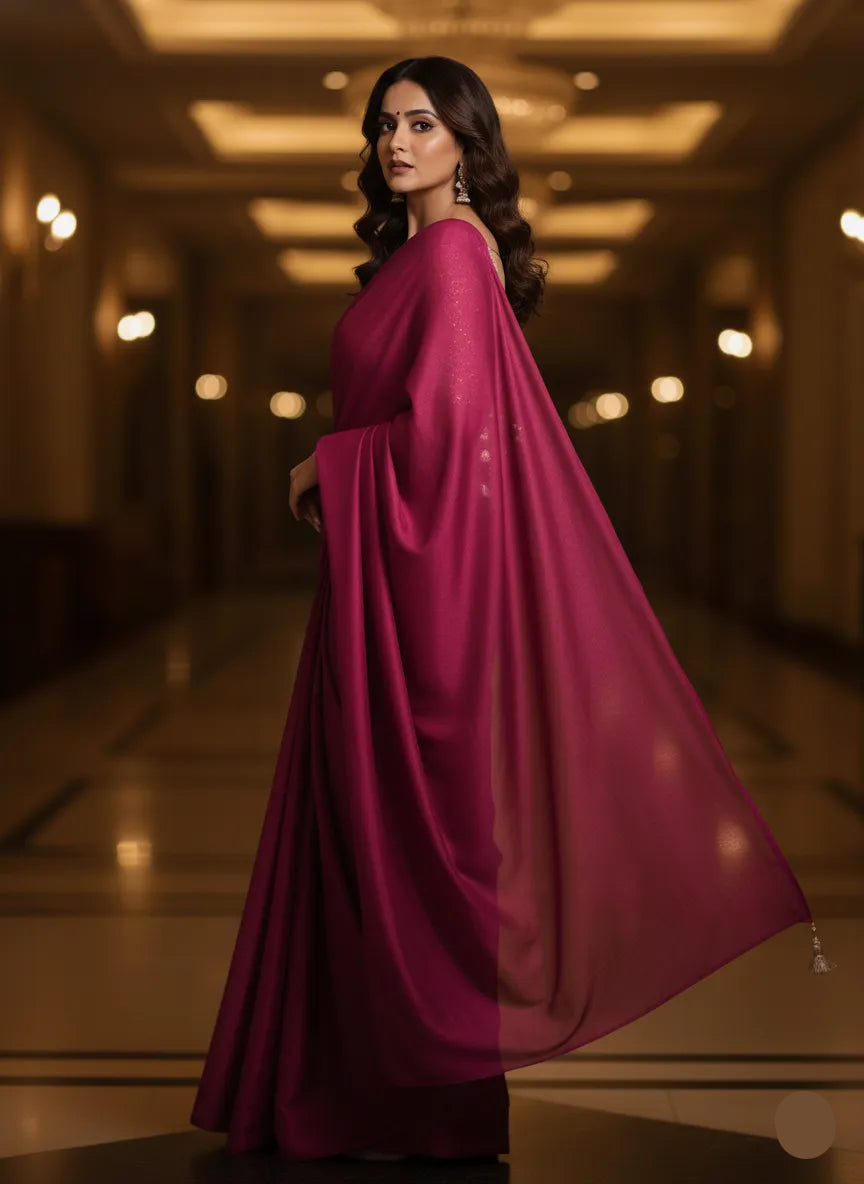 Woman in a magenta saree standing in an elegant indoor setting
