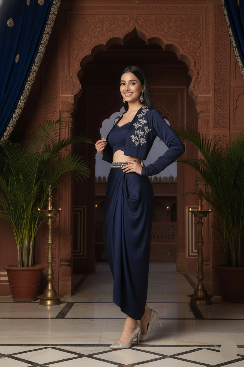 Woman in a navy blue traditional outfit standing in a decorated room with plants and architectural elements.