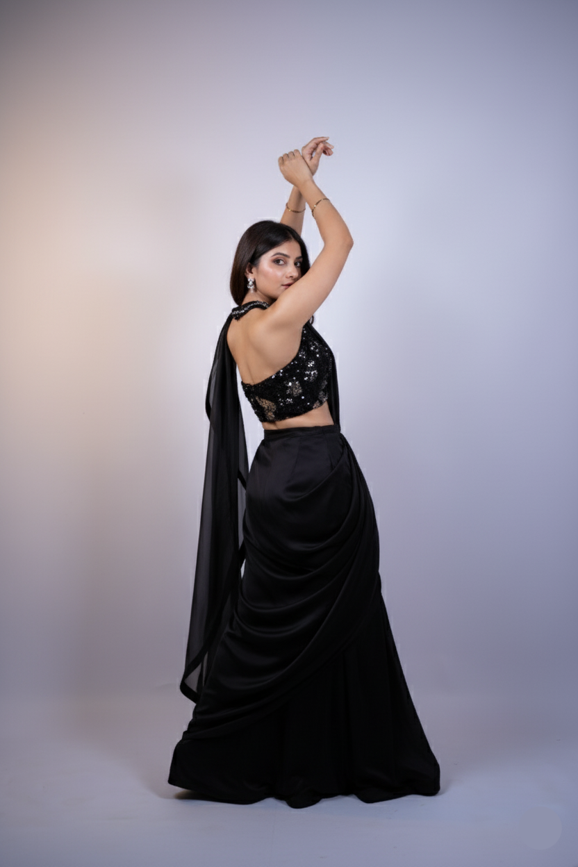 Woman in a black traditional outfit posing against a plain background