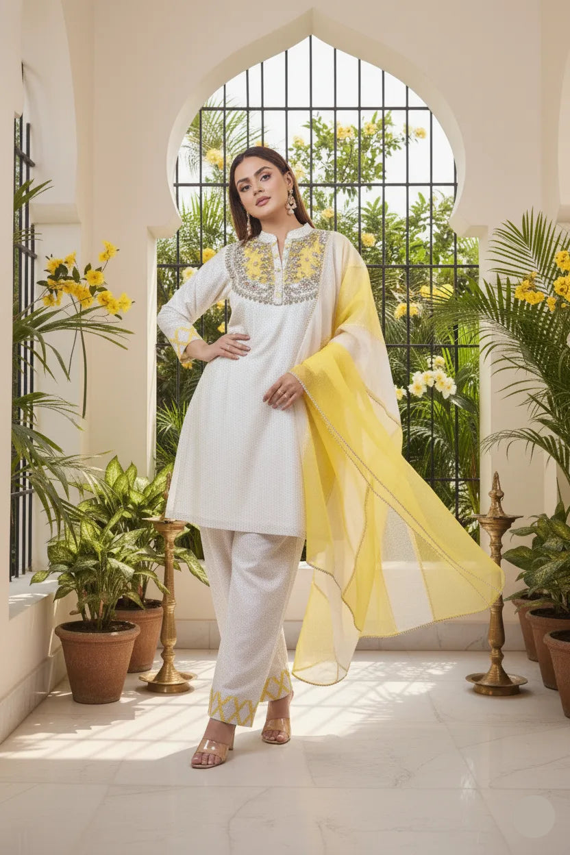 Woman in a white and yellow traditional outfit standing in a decorated room with plants.